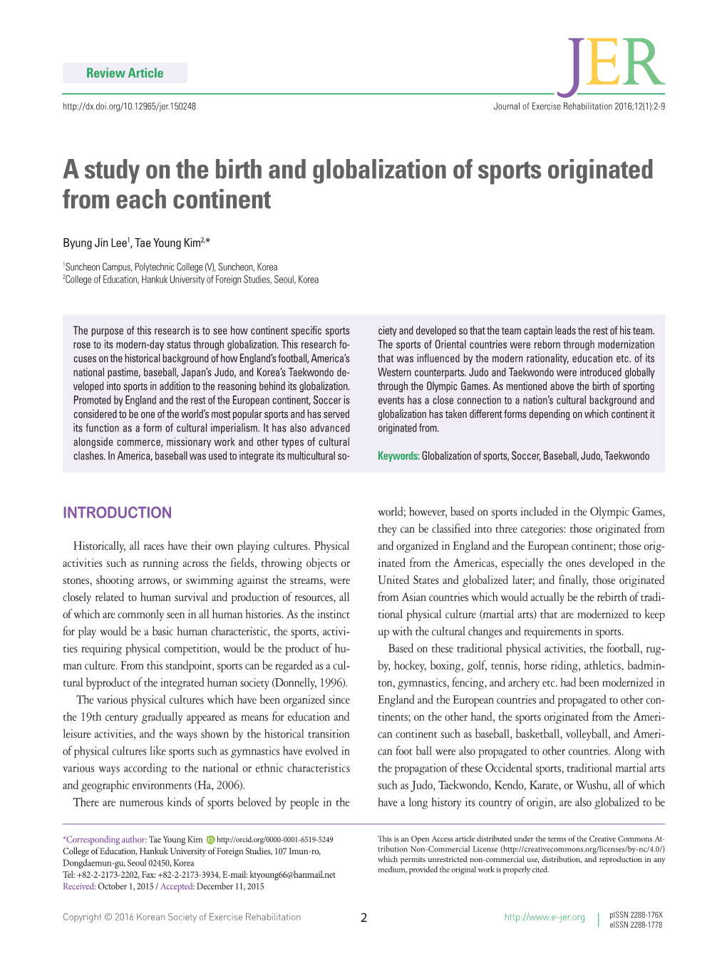 A Study on the Birth and Globalization of Sports Originated from Each Continent