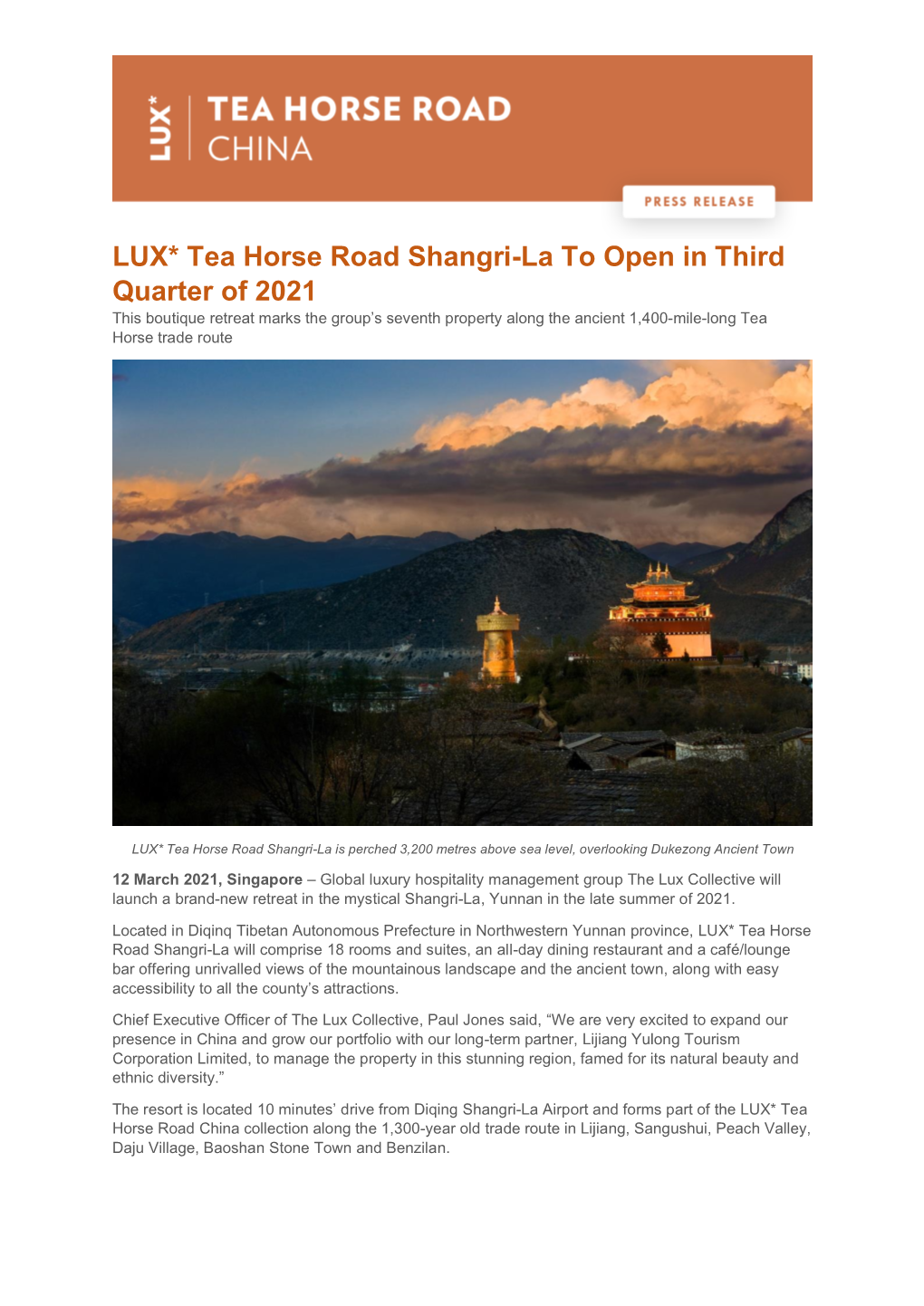 12 March 2021 LUX * Tea Horse Road Shangri-La to Open in Third Quarter of 2021