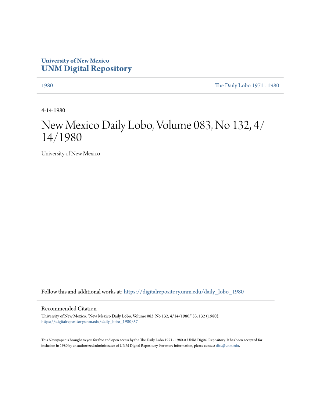 New Mexico Daily Lobo, Volume 083, No 132, 4/14/1980." 83, 132 (1980)