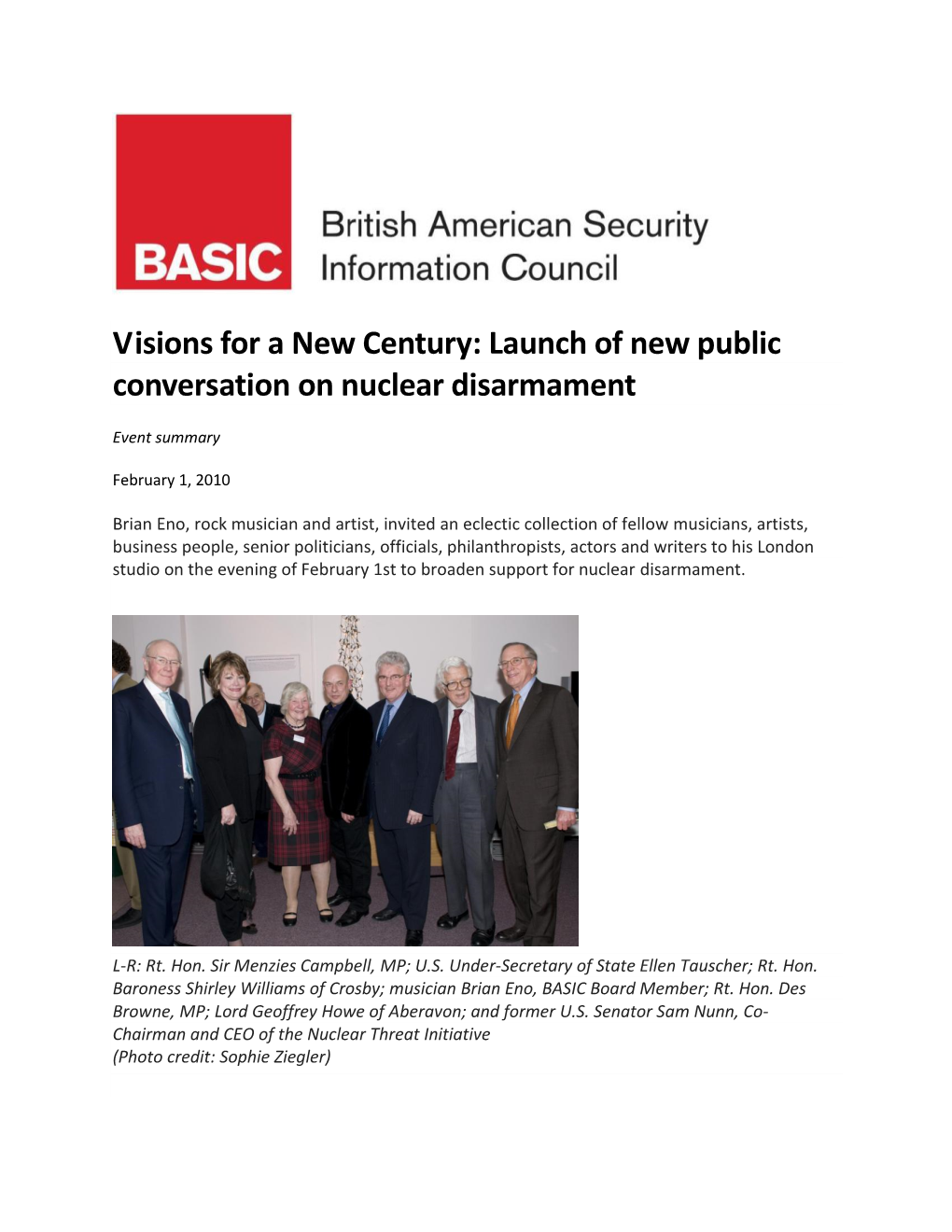 Visions for a New Century: Launch of New Public Conversation on Nuclear Disarmament