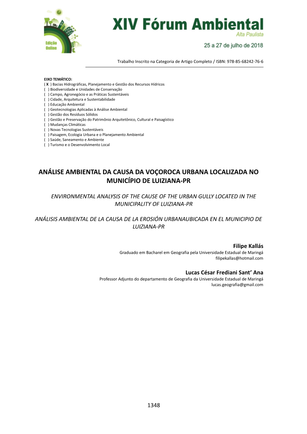 Análise Ambiental Da Causa Da Voçoroca Urbana Localizada No Município De Luiziana-Pr