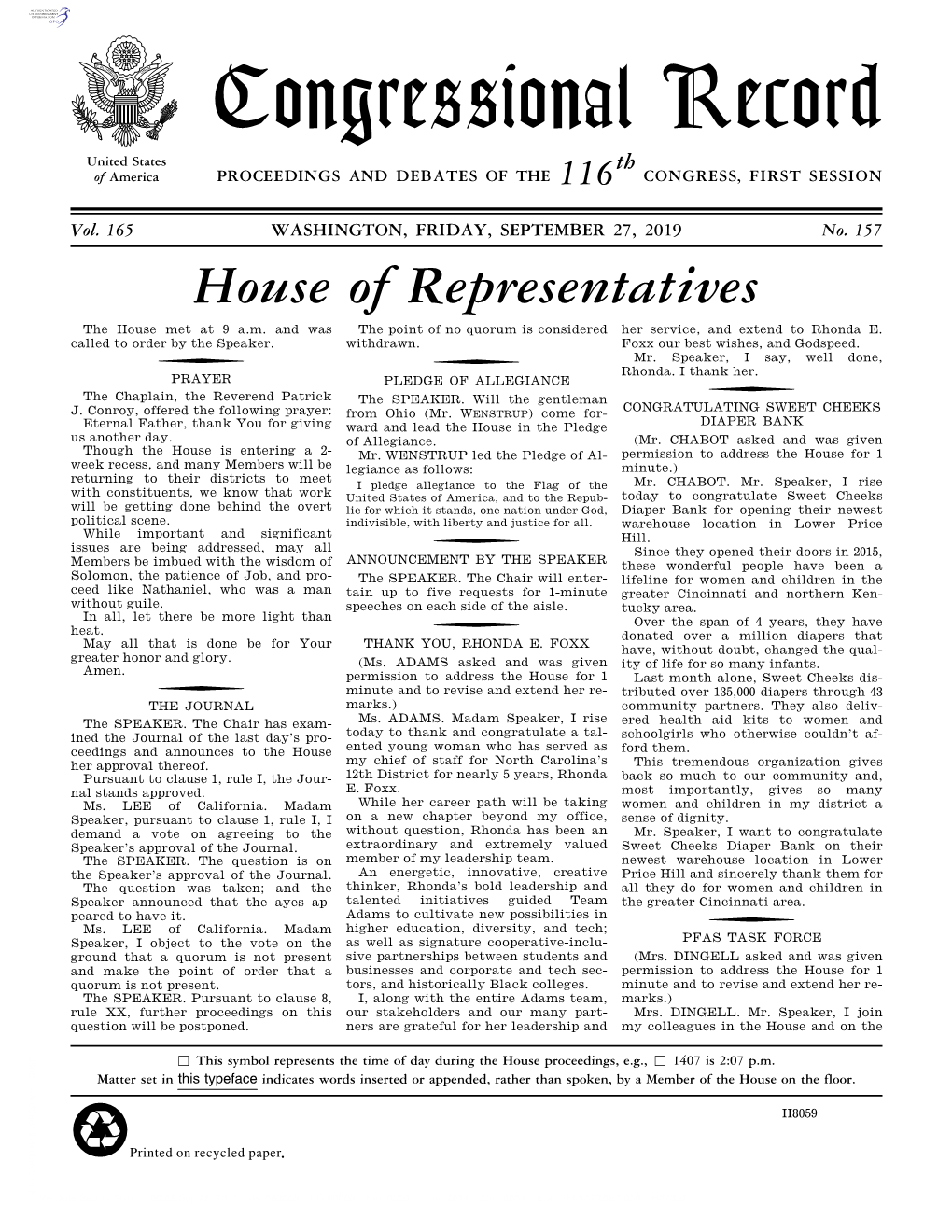 Congressional Record United States Th of America PROCEEDINGS and DEBATES of the 116 CONGRESS, FIRST SESSION