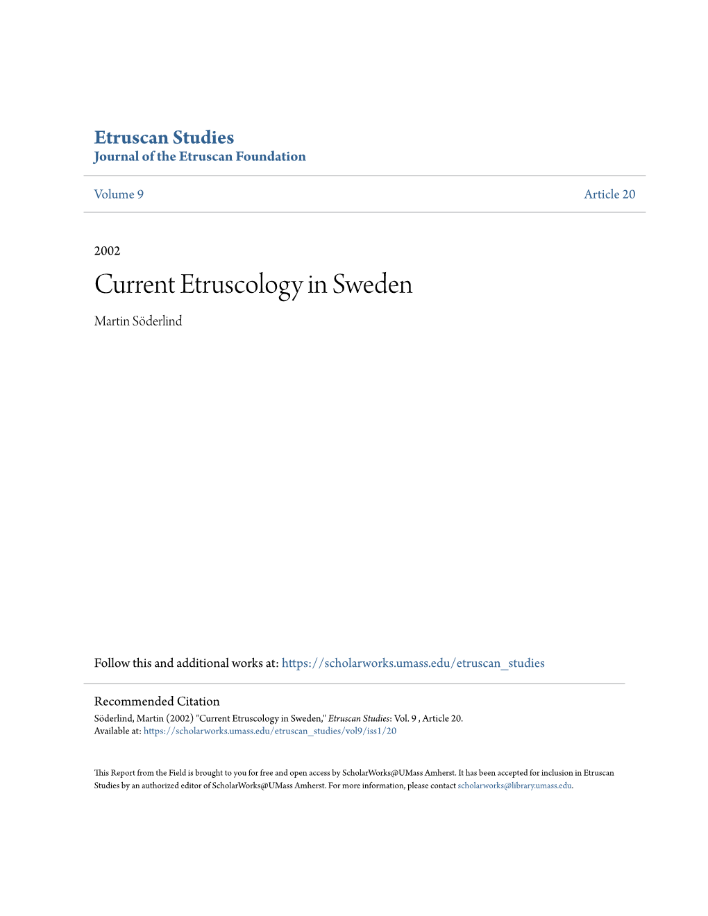 Current Etruscology in Sweden Martin Söderlind