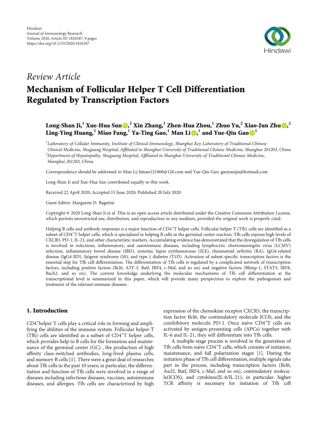 Mechanism of Follicular Helper T Cell Differentiation Regulated by Transcription Factors