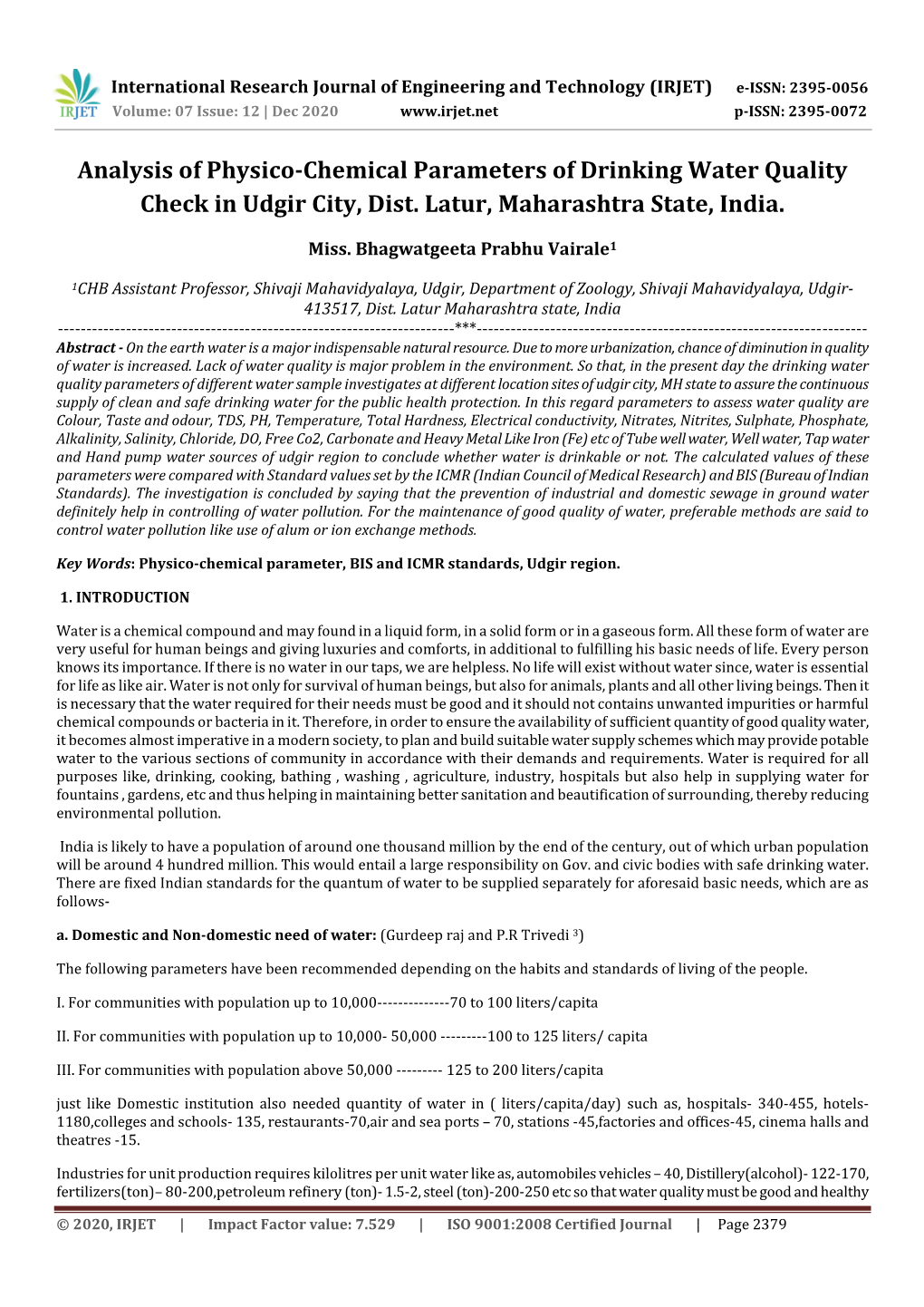 Analysis of Physico-Chemical Parameters of Drinking Water Quality Check in Udgir City, Dist