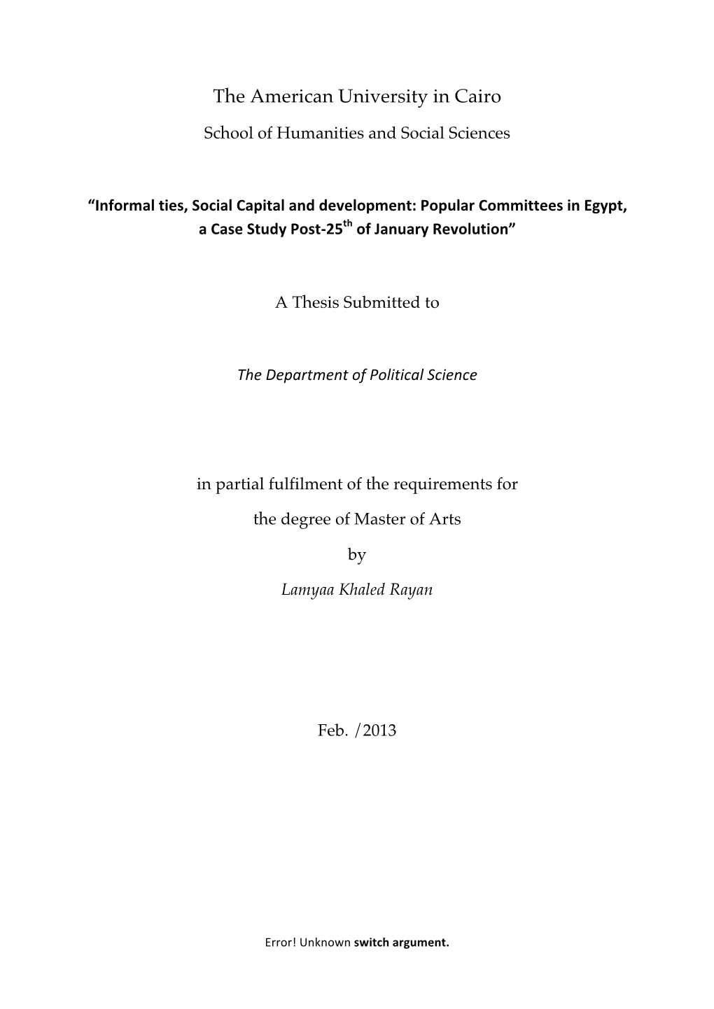 Informal Ties, Social Capital and Development: Popular Committees in Egypt, a Case Study Post-­‐25Th of January Revolution”