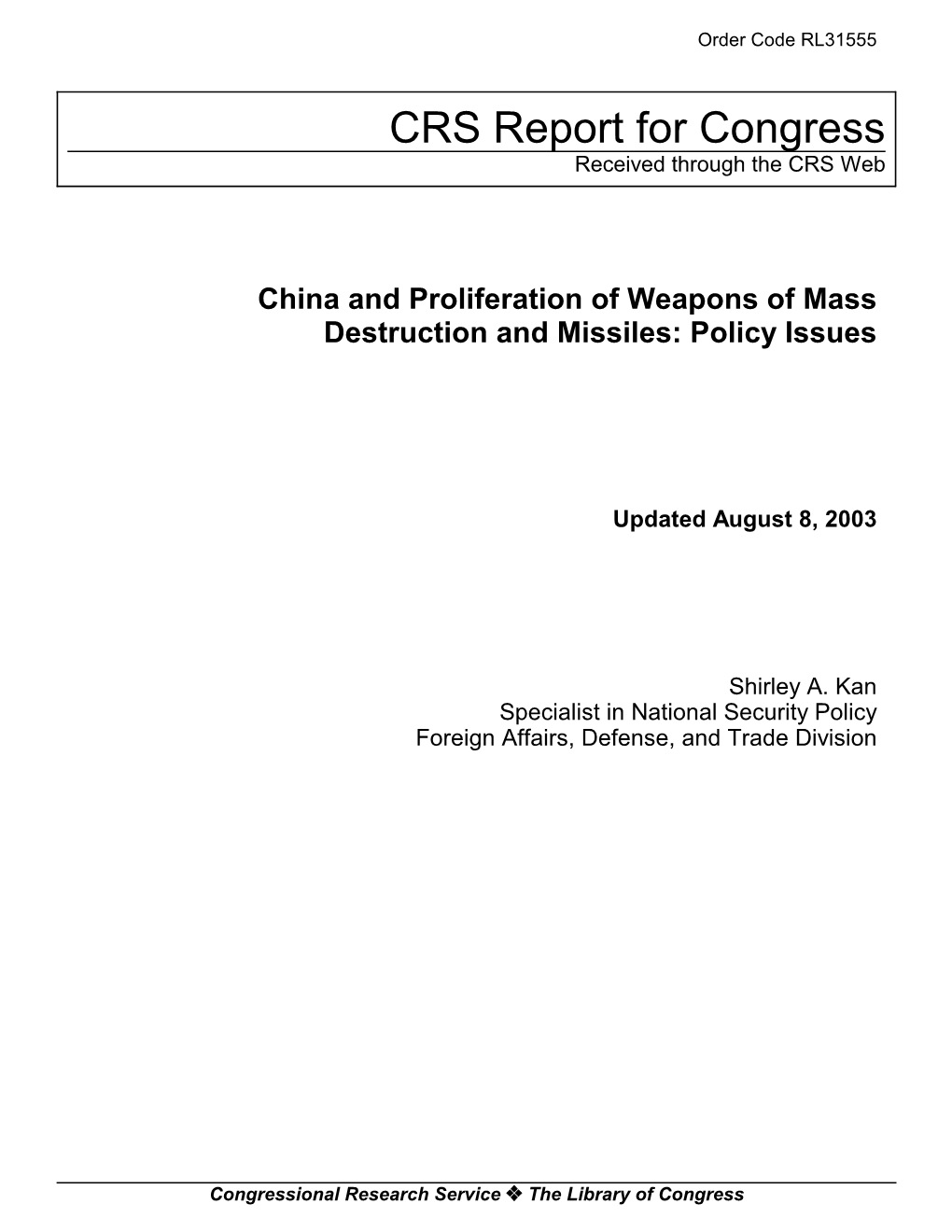 CRS Report for Congress Received Through the CRS Web