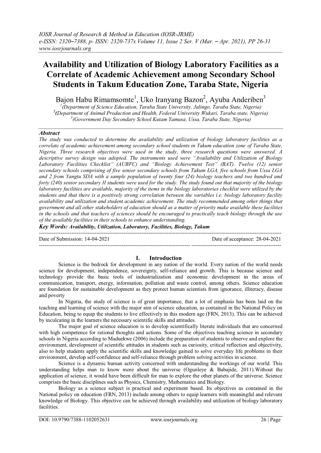 Availability and Utilization of Biology Laboratory Facilities As a Correlate