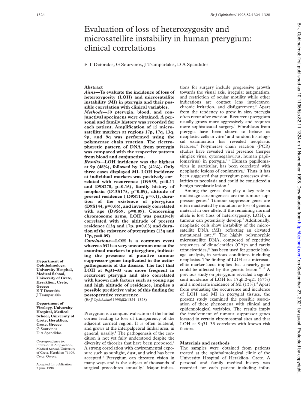 Evaluation of Loss of Heterozygosity and Microsatellite Instability in Human Pterygium: Clinical Correlations