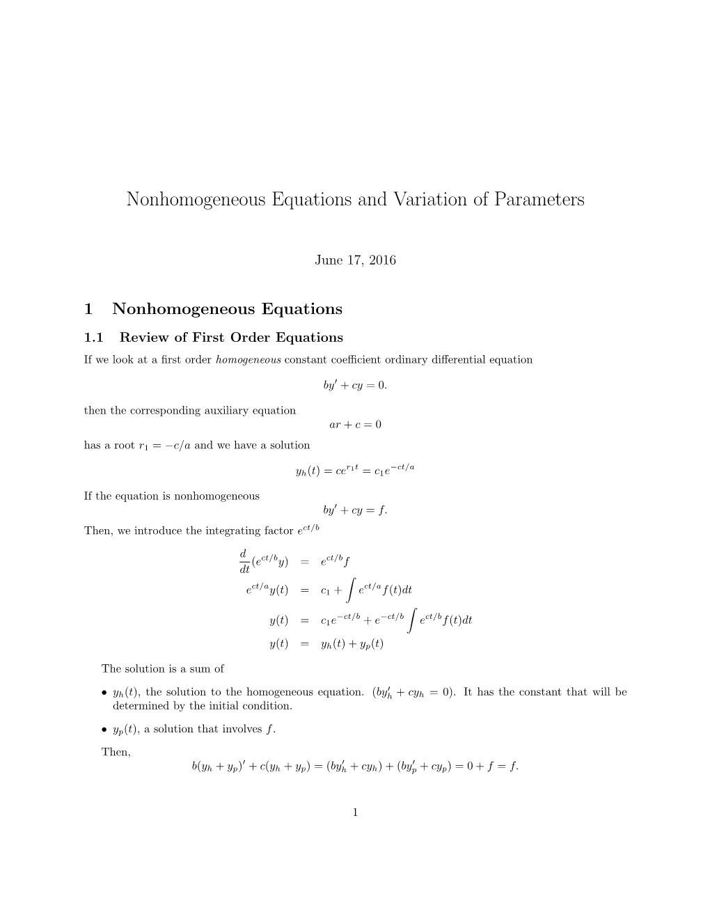 Nonhomogeneous Equations and Variation of Parameters