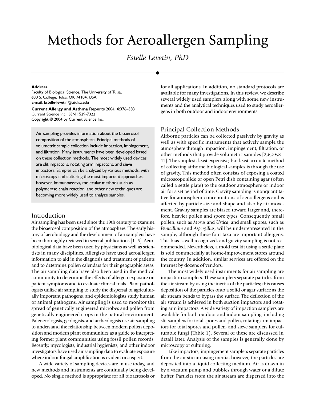 Methods for Aeroallergen Sampling Estelle Levetin, Phd