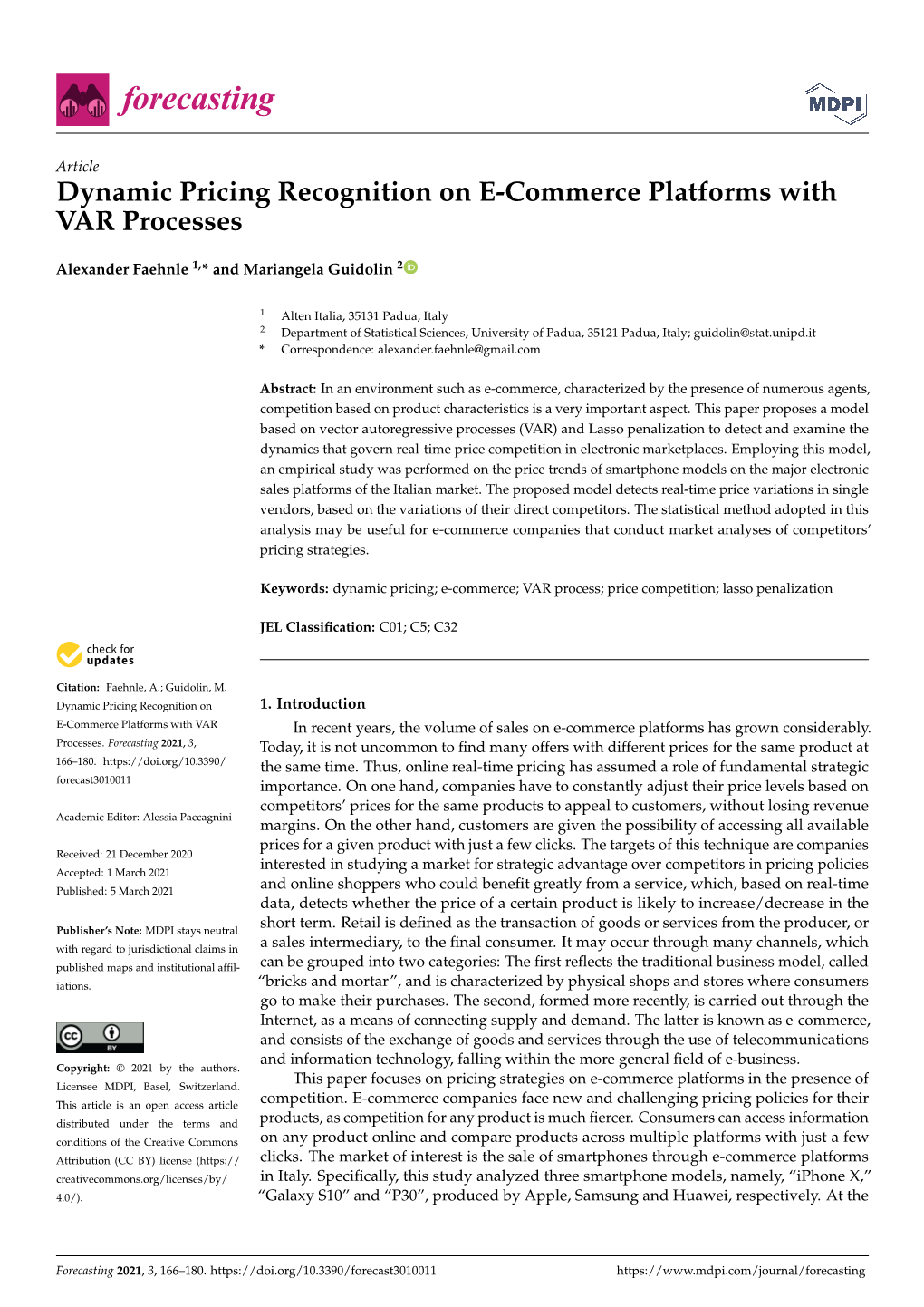 Dynamic Pricing Recognition on E-Commerce Platforms with VAR Processes