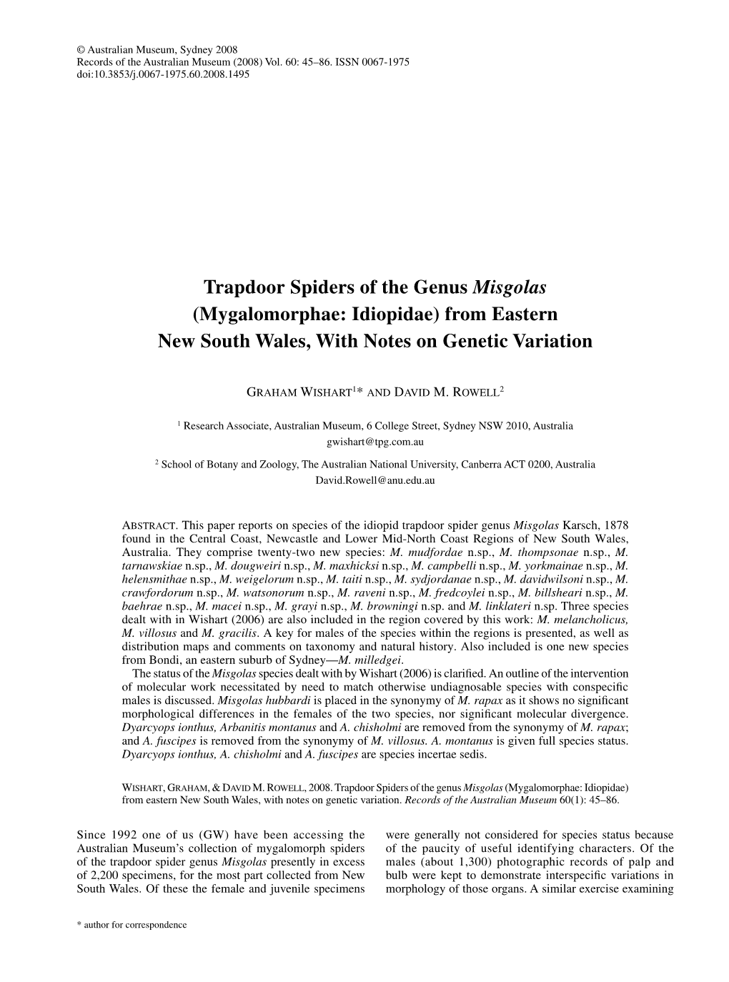 Trapdoor Spiders of the Genus Misgolas (Mygalomorphae: Idiopidae) from Eastern New South Wales, with Notes on Genetic Variation