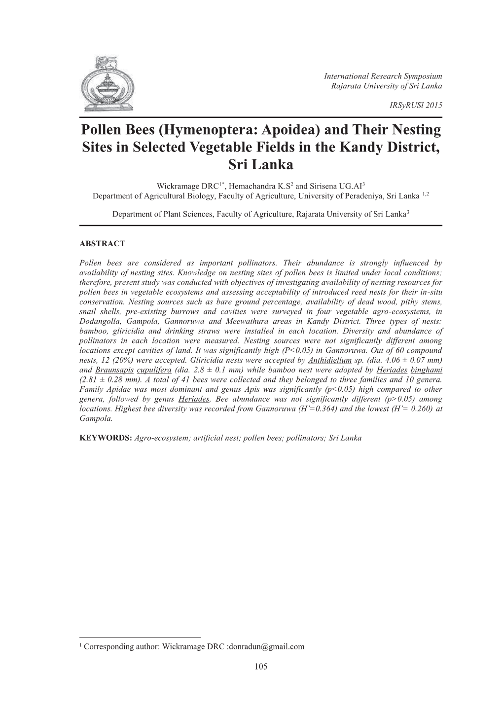 Pollen Bees (Hymenoptera: Apoidea) and Their Nesting Sites in Selected Vegetable Fields in the Kandy District, Sri Lanka