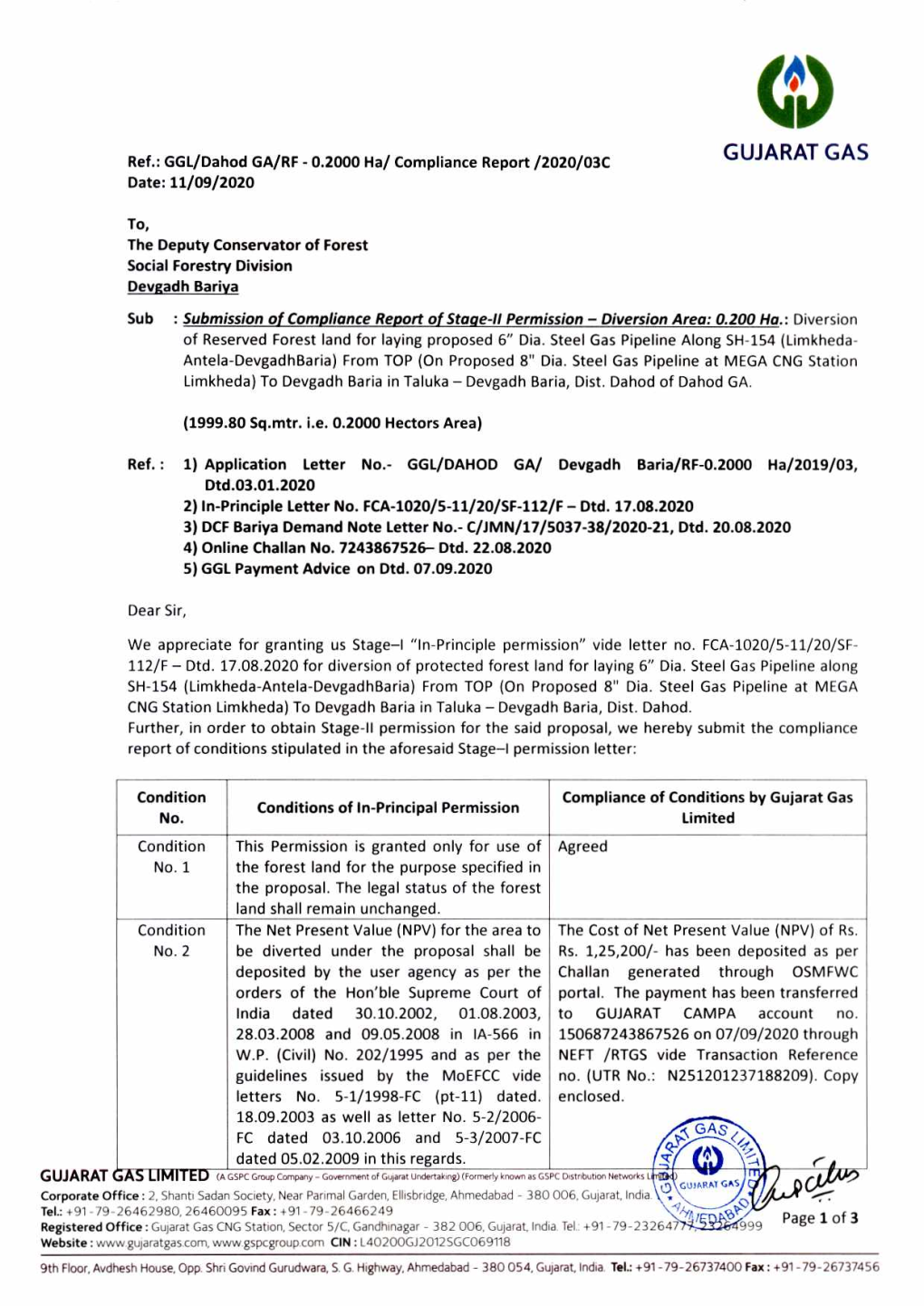 GUJARAT GAS Ref.: GGL/Dahod GA/RF - 0.2000 Ha/ Compliance Report /2020/03C Date: 11/09/2020