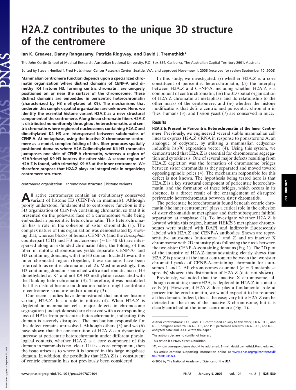 H2A.Z Contributes to the Unique 3D Structure of the Centromere