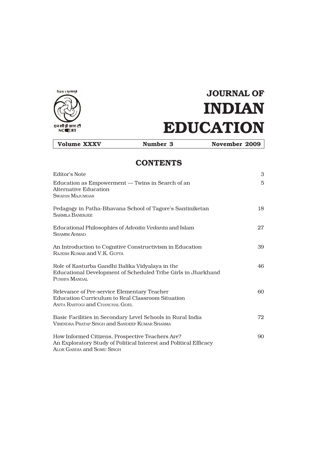 JOURNAL of INDIAN EDUCATION Volume XXXV Number 3 November 2009