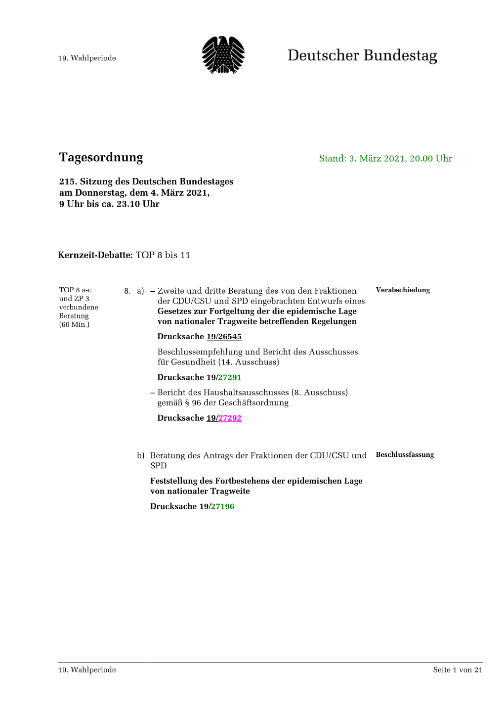 Amtliche Tagesordnung Der 215. Sitzung Des 19. Deutschen