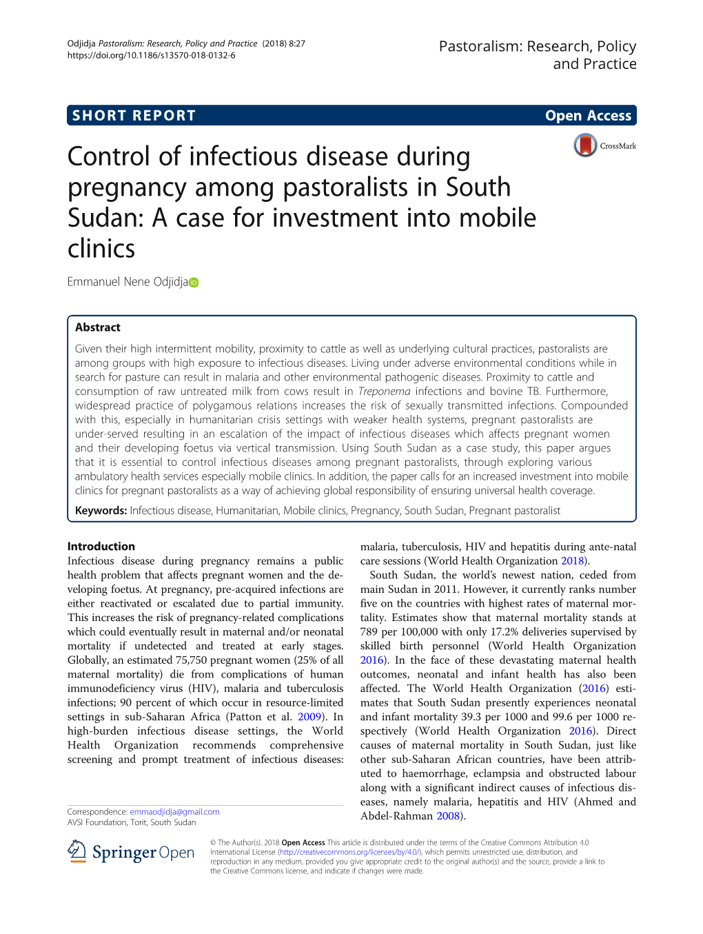 Control of Infectious Disease During Pregnancy Among Pastoralists in South Sudan: a Case for Investment Into Mobile Clinics Emmanuel Nene Odjidja