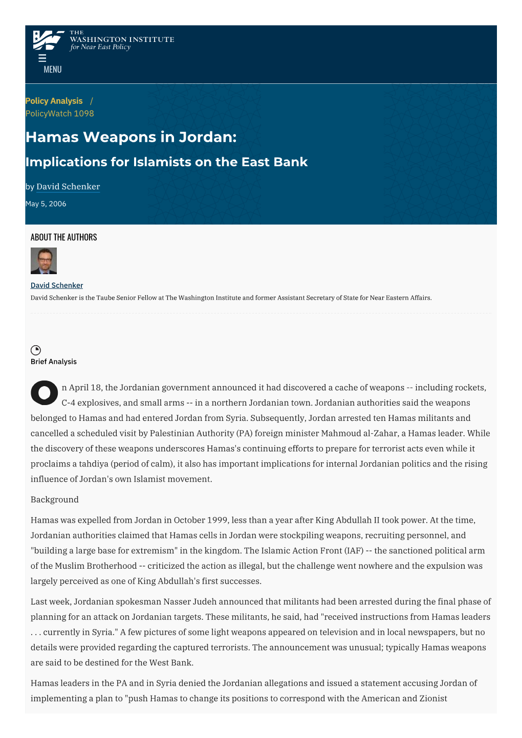 Hamas Weapons in Jordan: Implications for Islamists on the East Bank by David Schenker