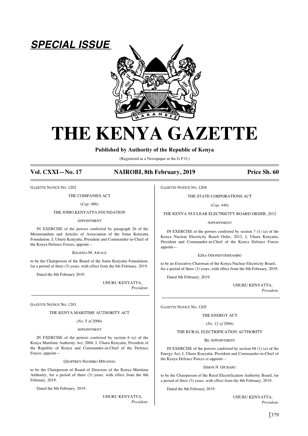 THE KENYA GAZETTE Published by Authority of the Republic of Kenya (Registered As a Newspaper at the G.P.O.)