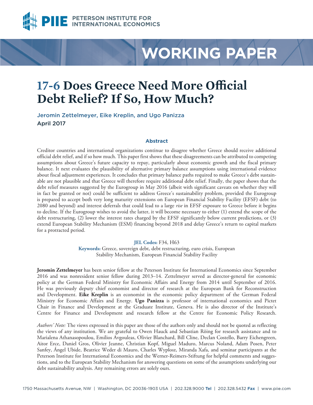 Working Paper 17-6: Does Greece Need More Official Debt Relief?