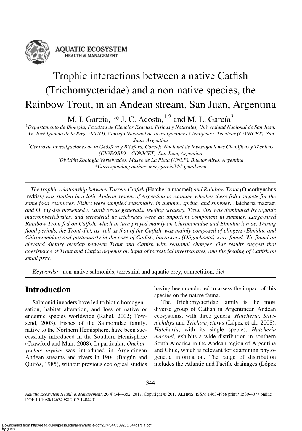 Trophic Interactions Between a Native Catfish (Trichomycteridae) and A