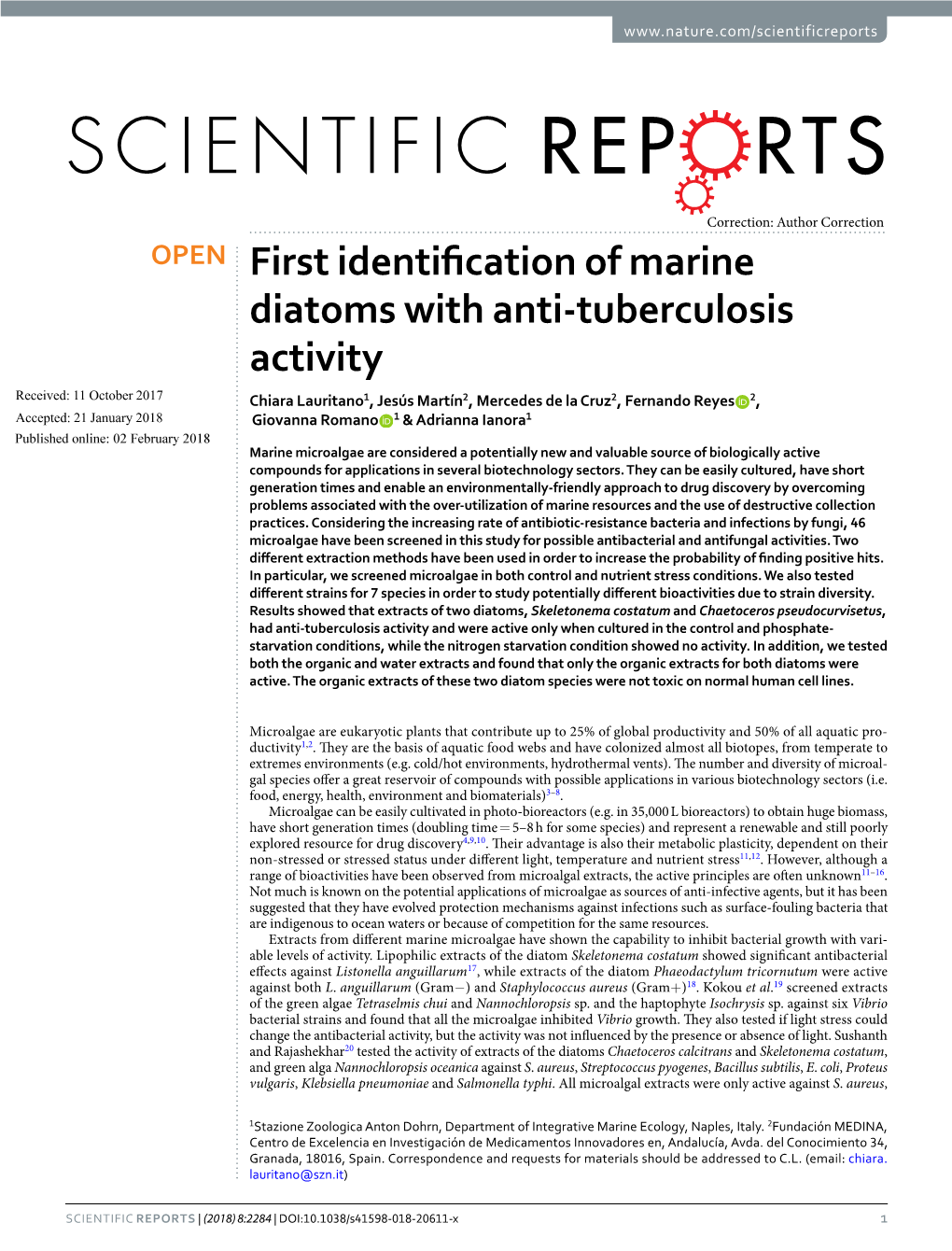 First Identification of Marine Diatoms with Anti-Tuberculosis Activity