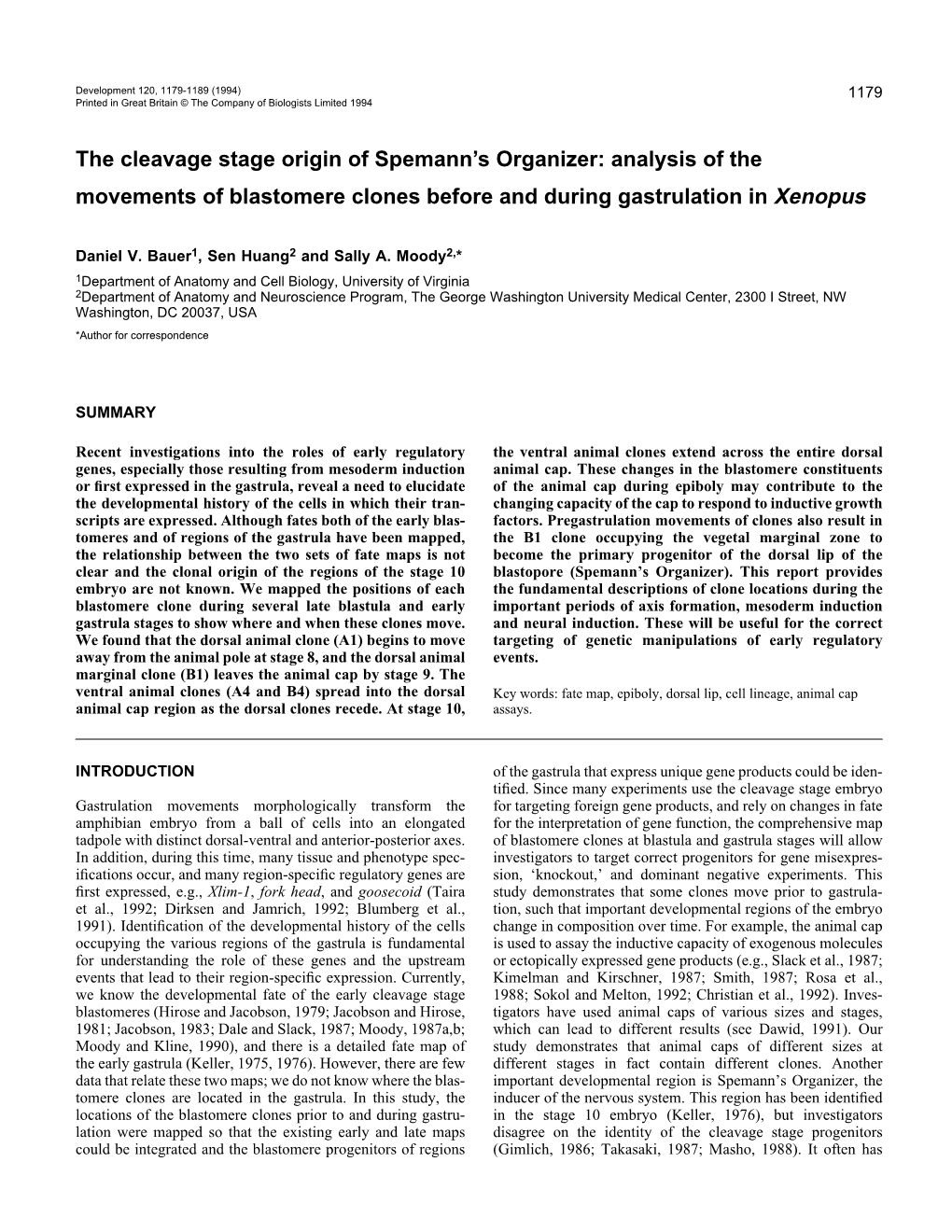 The Cleavage Stage Origin of Spemann's Organizer: Analysis Of