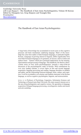 The Handbook of East Asian Psycholinguistics, Volume III Korean Edited by Chungmin Lee, Greg Simpson and Youngjin Kim Frontmatter More Information