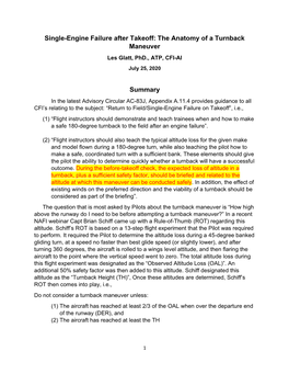 Single-Engine Failure After Takeoff: the Anatomy of a Turnback Maneuver Les Glatt, Phd., ATP, CFI-AI July 25, 2020