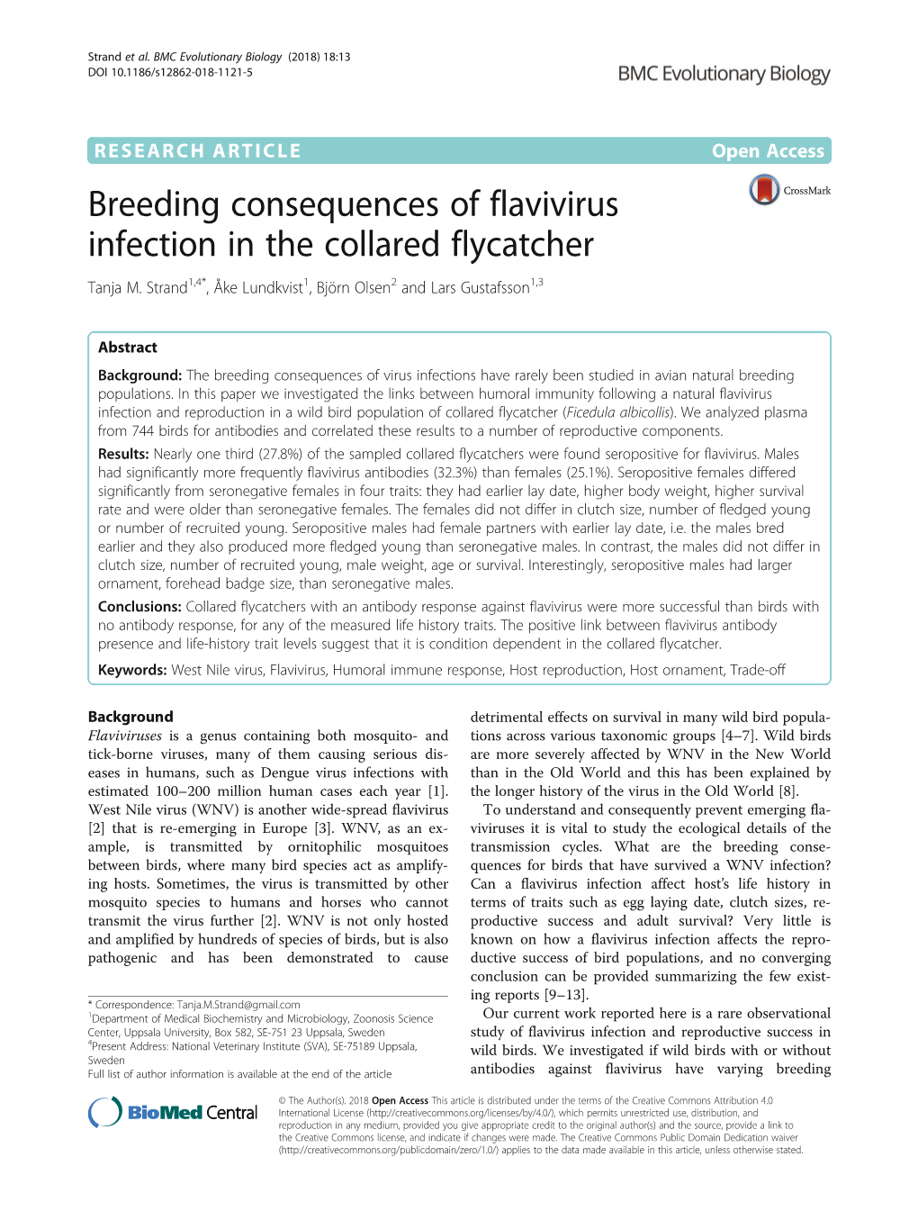 Breeding Consequences of Flavivirus Infection in the Collared Flycatcher Tanja M