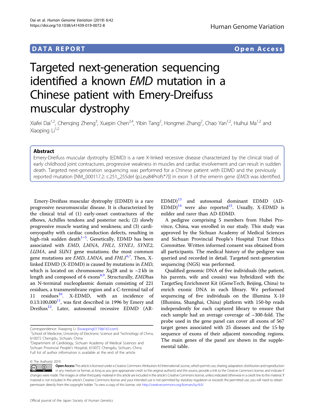 Targeted Next-Generation Sequencing Identified a Known EMD Mutation In