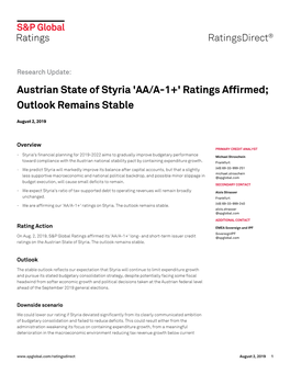 Ratings Affirmed; Outlook Remains Stable Austrian State of Styria