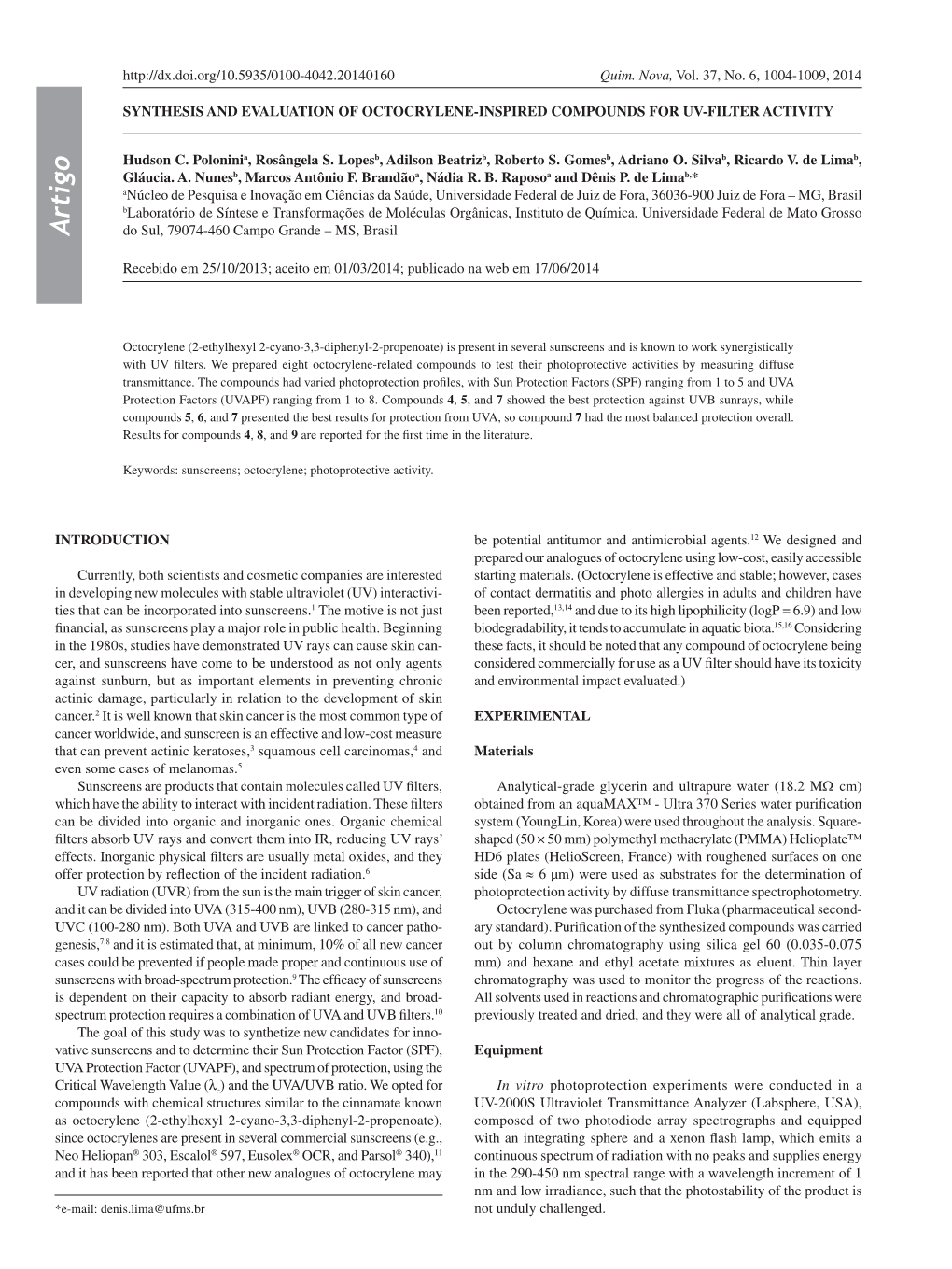 Synthesis and Evaluation of Octocrylene-Inspired Compounds for Uv-Filter Activity