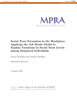 Social Trust Formation in the Workplace: Applying the Job Strain Model to Explain Variations in Social Trust Levels Among Employed Individuals