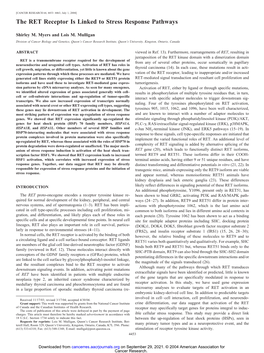 The RET Receptor Is Linked to Stress Response Pathways