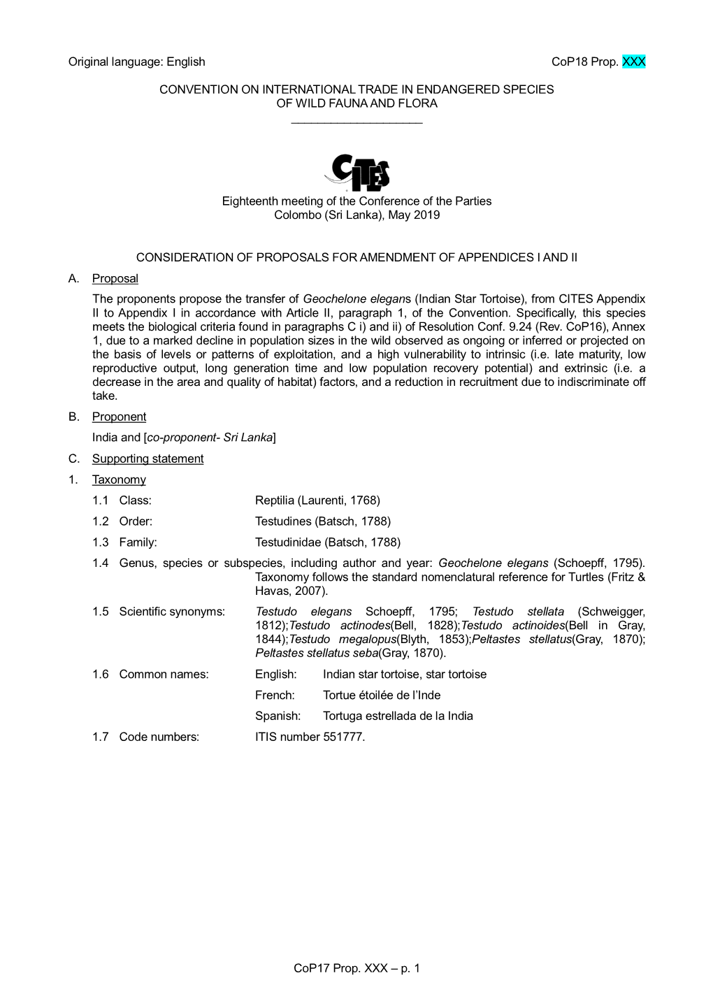 Proposal for Amendment of Appendix I Or II for CITES Cop16