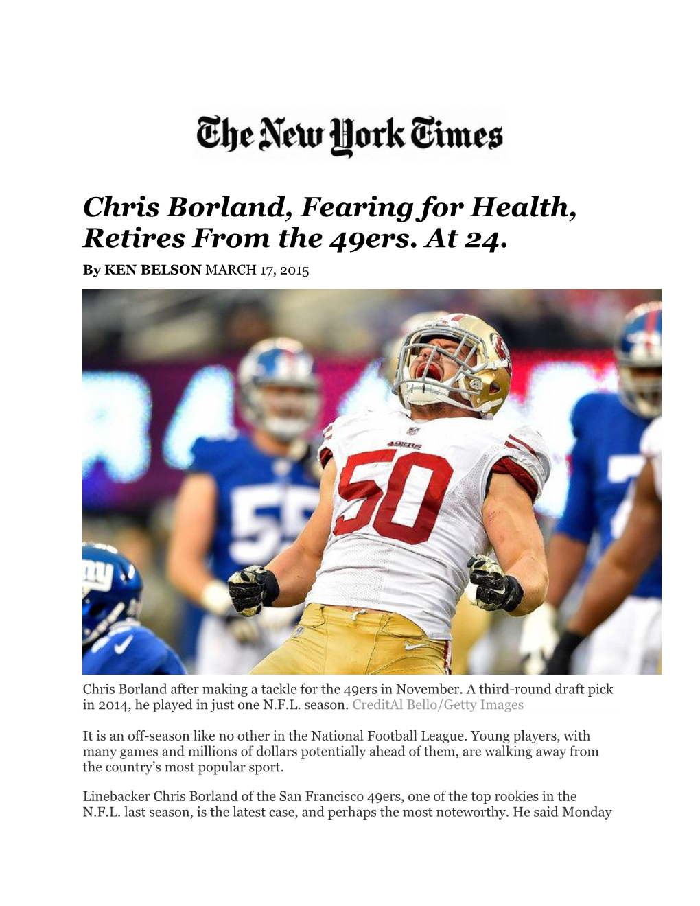 Chris Borland, Fearing for Health, Retires from the 49Ers. at 24