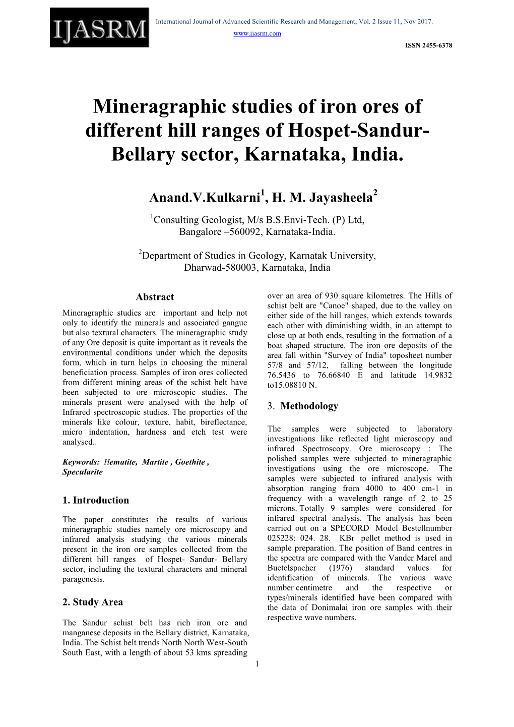 Mineragraphic Studies of Iron Ores of Different Hill Ranges of Hospet-Sandur- Bellary Sector, Karnataka, India