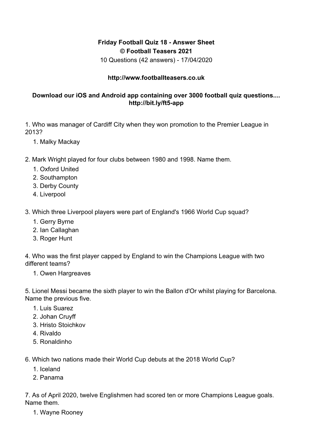 Friday Football Quiz 18 - Answer Sheet © Football Teasers 2021 10 Questions (42 Answers) - 17/04/2020