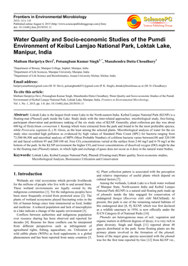 Water Quality and Socio-Economic Studies of the Pumdi Environment of Keibul Lamjao National Park, Loktak Lake, Manipur, India
