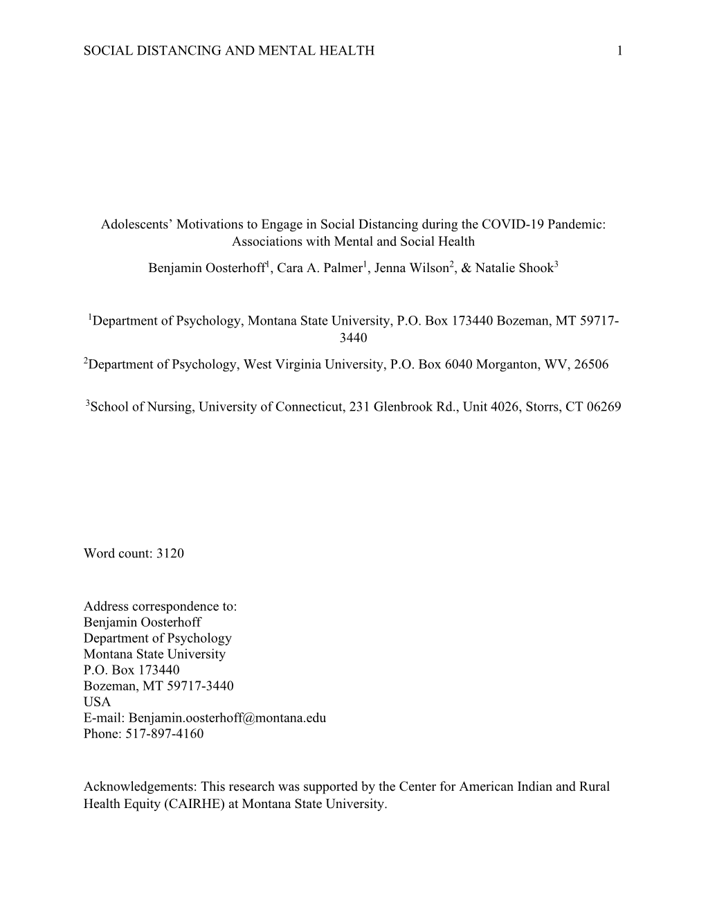 SOCIAL DISTANCING and MENTAL HEALTH 1 Adolescents' Motivations to Engage in Social Distancing During the COVID-19 Pandemic: As