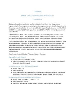 SYLLABUS MATH 12011 –Calculus with Precalculus I