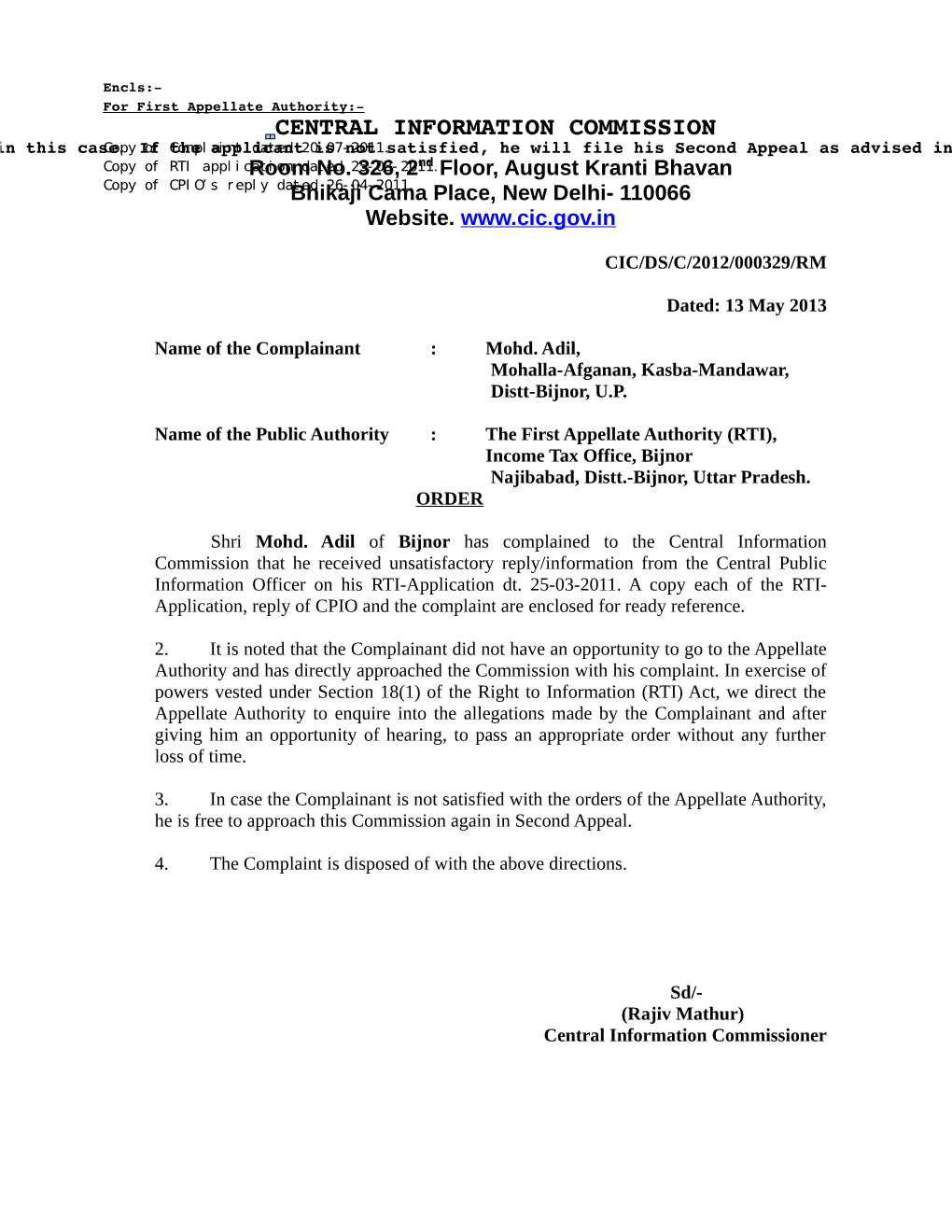 CENTRAL INFORMATION COMMISSION Note: ­No Report Is Required to Be Sent to the CIC in This Casecopy