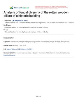 Analysis of Fungal Diversity of the Rotten Wooden Pillars of a Historic Building