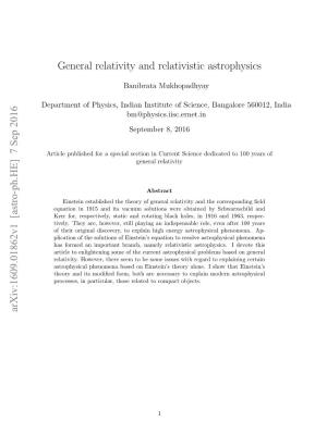 General Relativity and Relativistic Astrophysics Arxiv:1609.01862V1