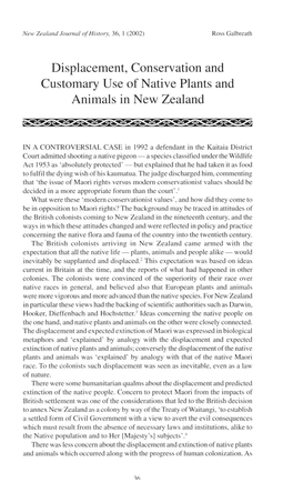 Displacement, Conservation and Customary Use of Native Plants and Animals in New Zealand