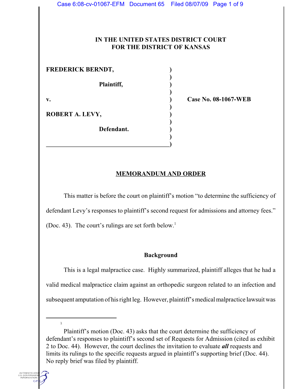 Case 6:08-Cv-01067-EFM Document 65 Filed 08/07/09 Page 1 of 9