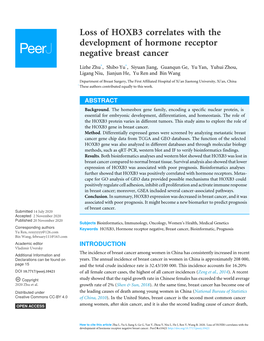 Loss of HOXB3 Correlates with the Development of Hormone Receptor Negative Breast Cancer